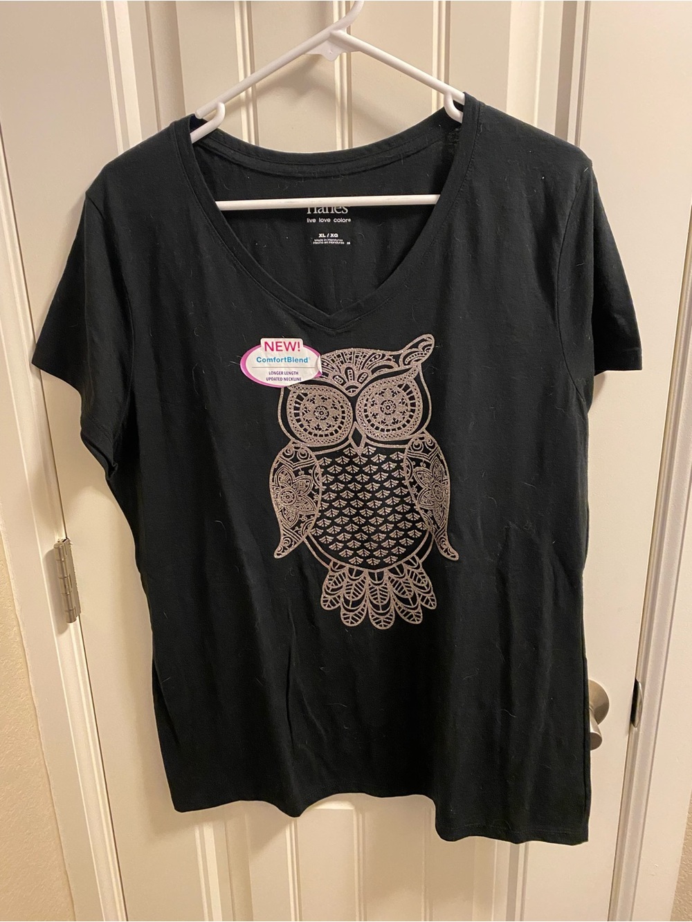 NWOT Hanes Black XL Top Glitter Owl Shirt Short Sleeve T-shirt